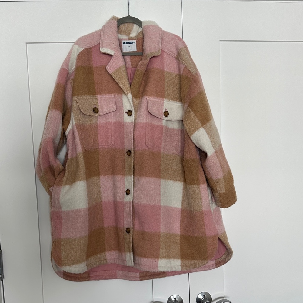 Old Navy Pink and Tan plaid coat jacket